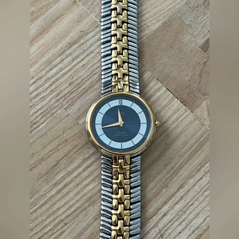 Seiko Phoenix Rare Vintage Watch Blue and Pearl Dial Two-Tone Bracelet Stunning